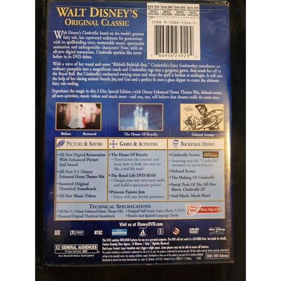 WALT DISNEY'S CINDERELLA PLATINUM 2-DISC SPECIAL EDITION ( DVD, 2005) W/CASE - Picture 2 of 2